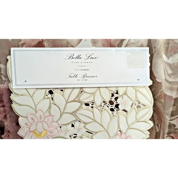 Bella Lux Cut Table Runner Embroidered Pink Floral Cream Tan 13 x 68-inch Gift - Picture 4 of 9
